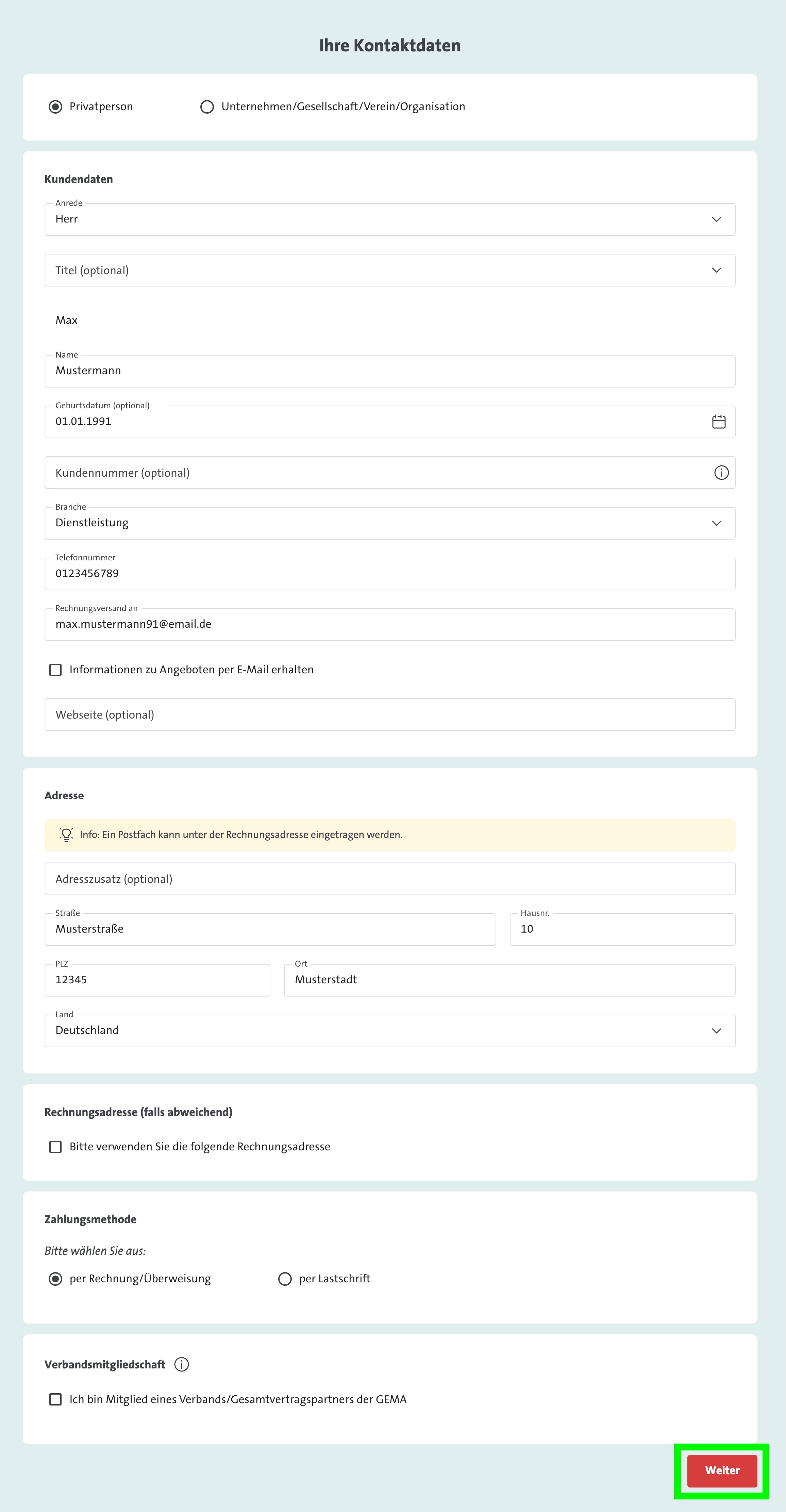 GEMA Herstellungsmeldung anmelden, Kontaktdaten ausf&uuml;llen