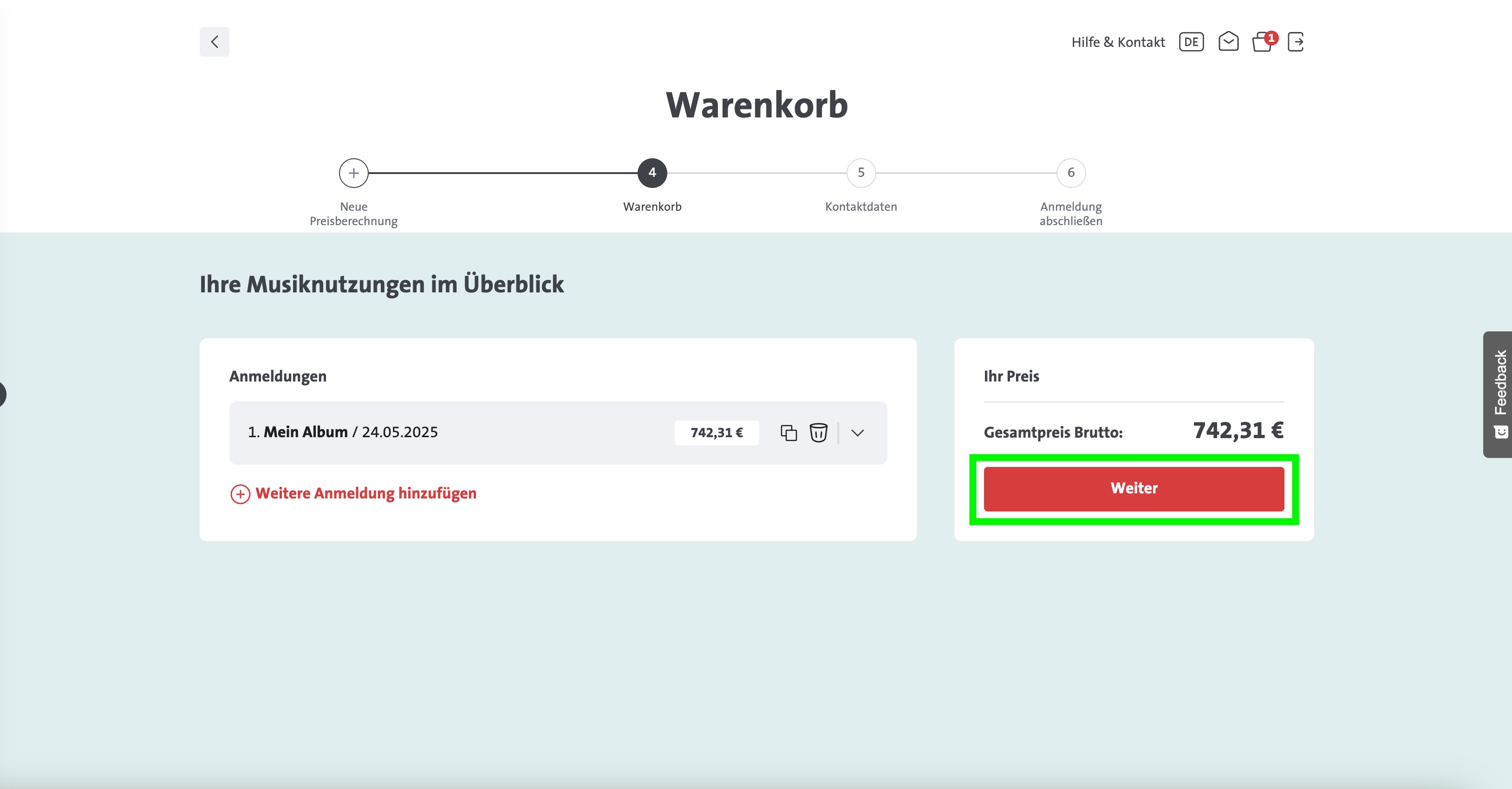 Warenkorb GEMA Herstellungsmeldung 2025