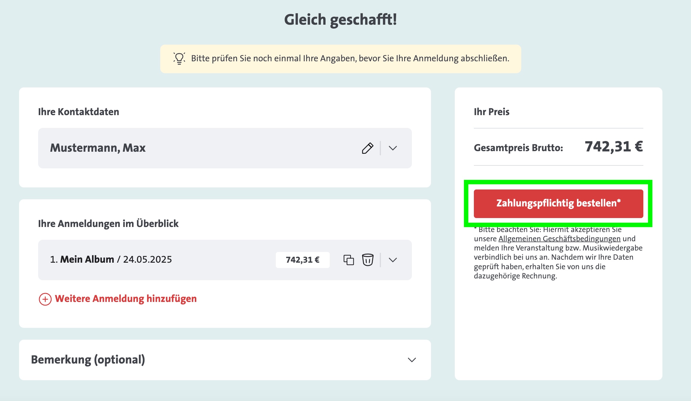 GEMA Herstellungsmeldung, Kasse: Zahlungspflichtig bestellen